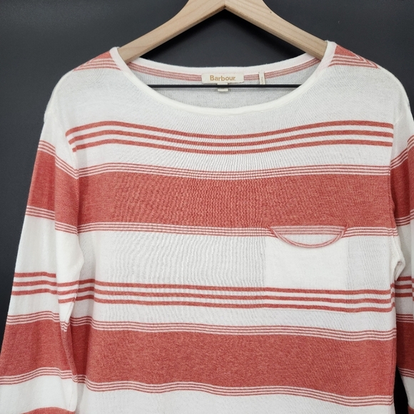 Barbour Womens Cotton Sweater Size‎ 12 Coral Ivory Striped Lightweight Classic - Picture 6 of 8